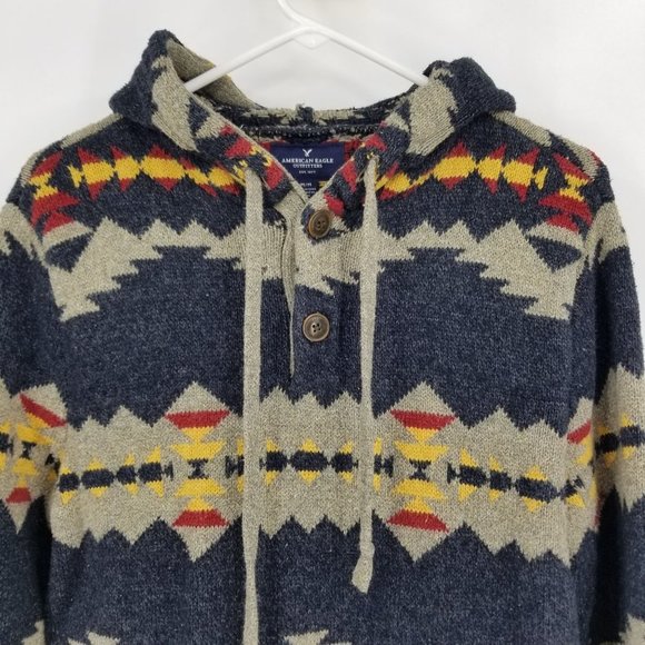 American Eagle Long Sleeved Aztec Hooded Sweater Pullover Size Medium - Picture 5 of 11
